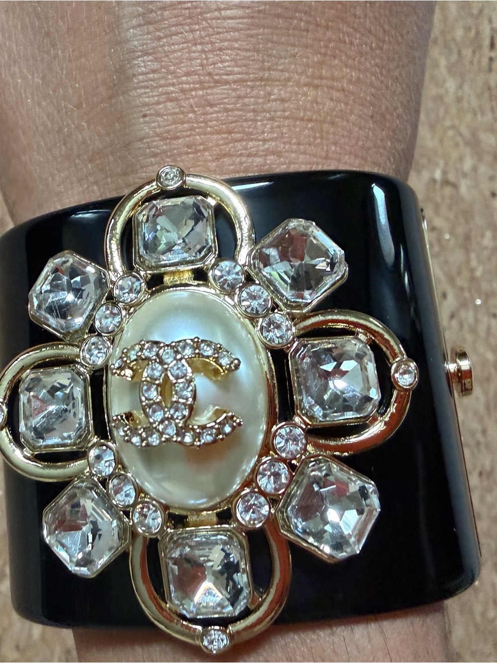 CHANEL Black Resin Cuff with Pearl and Crystal Emblem - Picture 3 of 4